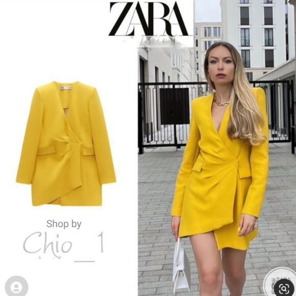 Zara DRAPED BLAZER DRESS LIMITED V color yellow bloggers favorite